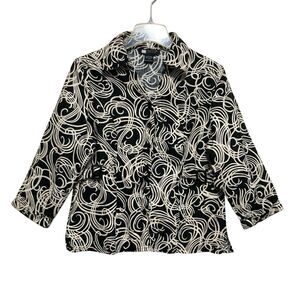 Carole Little Button-Up Blouse Top Womens Size Large Black Tan 3/4 Sleeve Linen